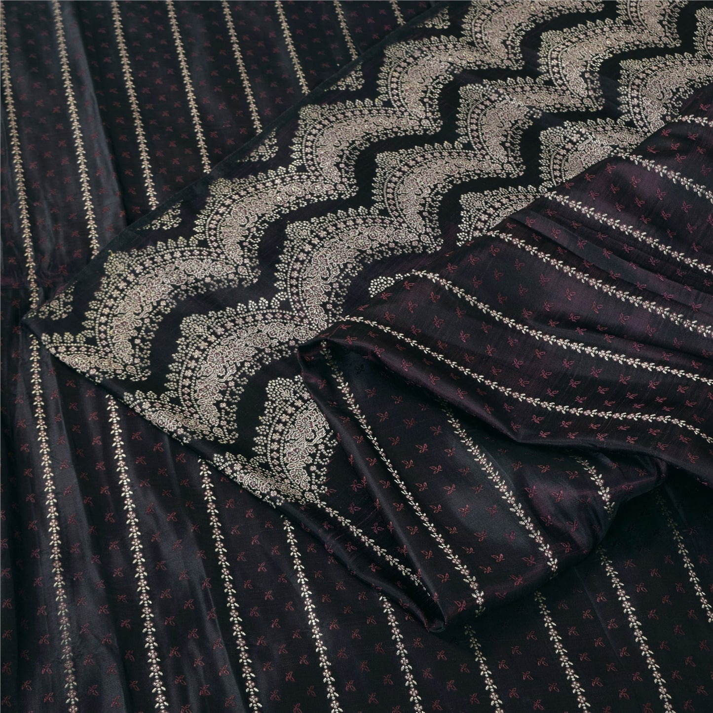 Sanskriti Vintage Black Wine Shimmer Pure Satin Silk Brocade Saree Material fabric for Craft 5.4Yards