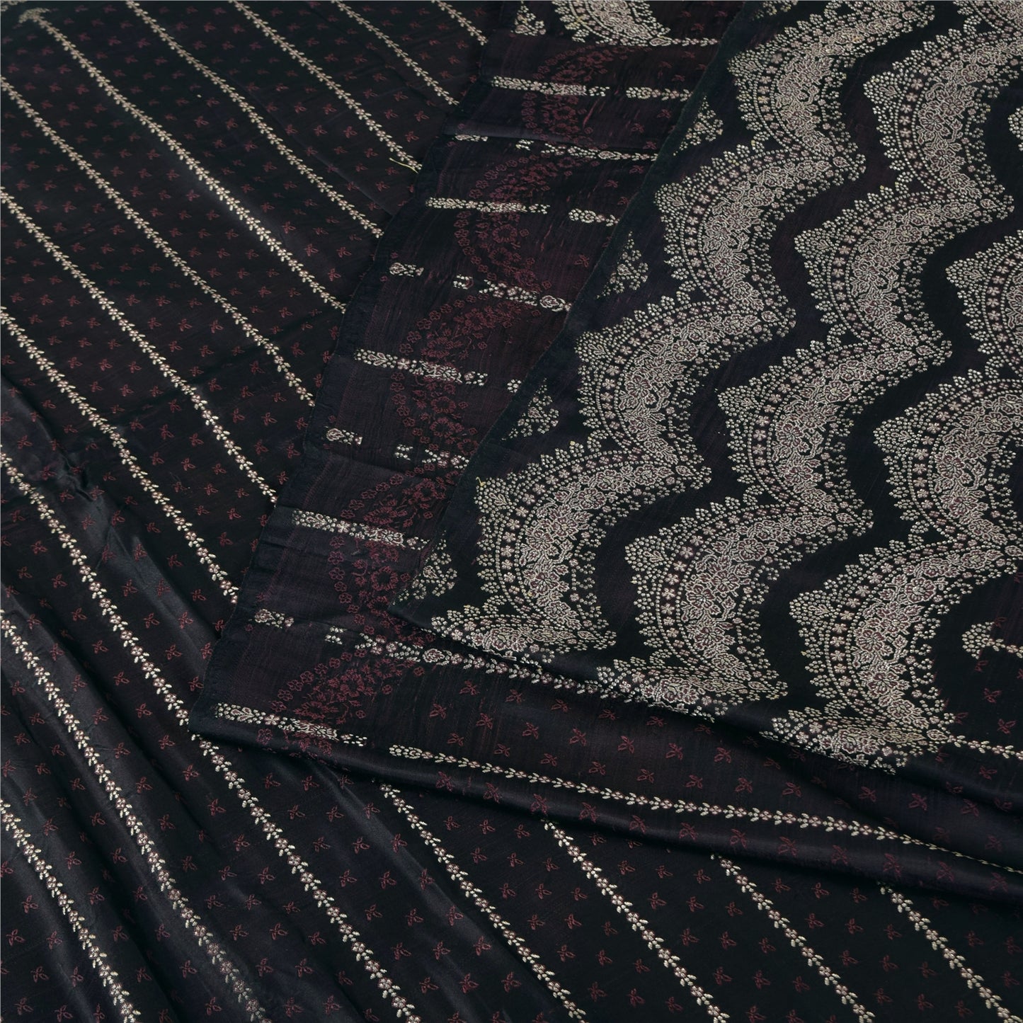 Sanskriti Vintage Black Wine Shimmer Pure Satin Silk Brocade Saree Material fabric for Craft 5.4Yards