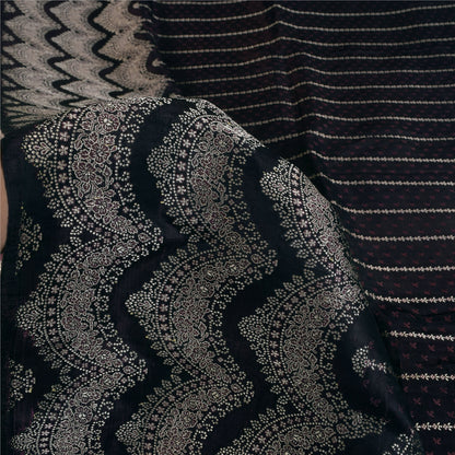 Sanskriti Vintage Black Wine Shimmer Pure Satin Silk Brocade Saree Material fabric for Craft 5.4Yards