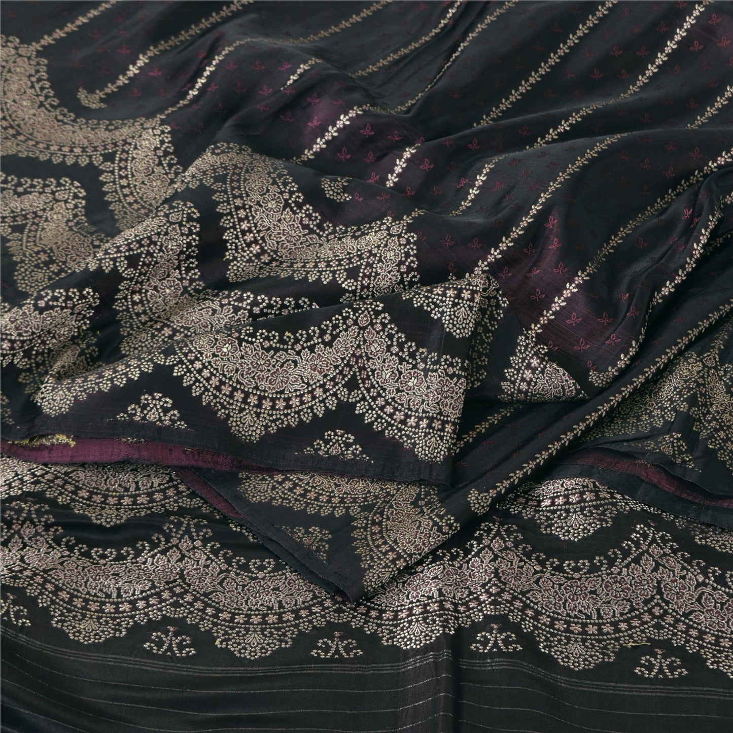 Sanskriti Vintage Black Wine Shimmer Pure Satin Silk Brocade Saree Material fabric for Craft 5.4Yards