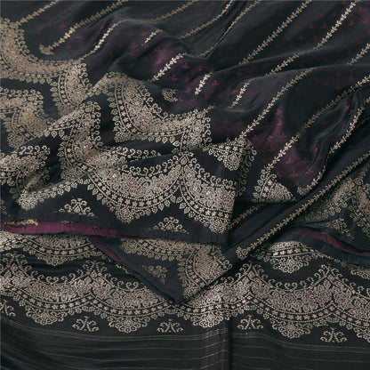 Sanskriti Vintage Black Wine Shimmer Pure Satin Silk Brocade Saree Material fabric for Craft 5.4Yards
