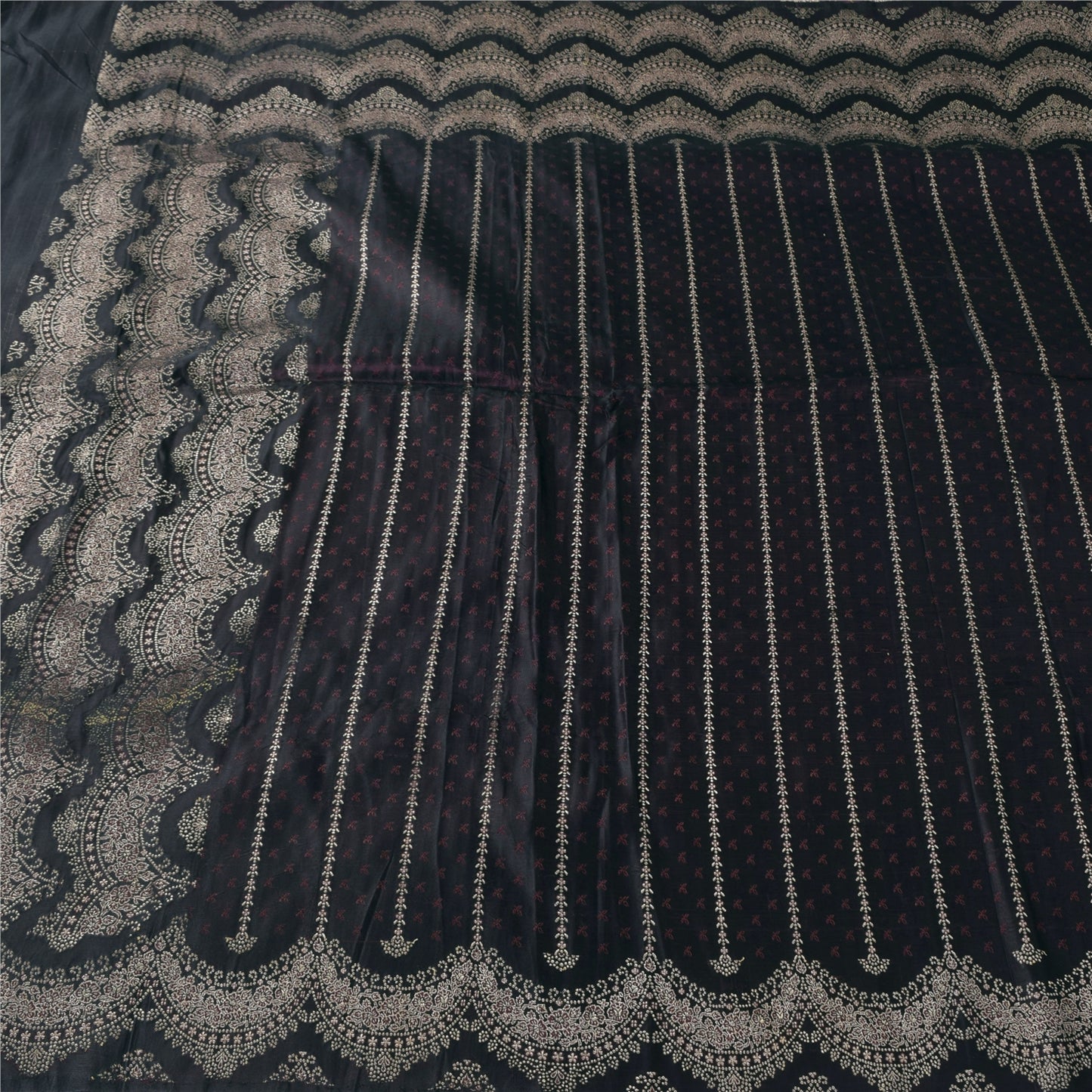 Sanskriti Vintage Black Wine Shimmer Pure Satin Silk Brocade Saree Material fabric for Craft 5.4Yards