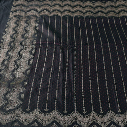 Sanskriti Vintage Black Wine Shimmer Pure Satin Silk Brocade Saree Material fabric for Craft 5.4Yards