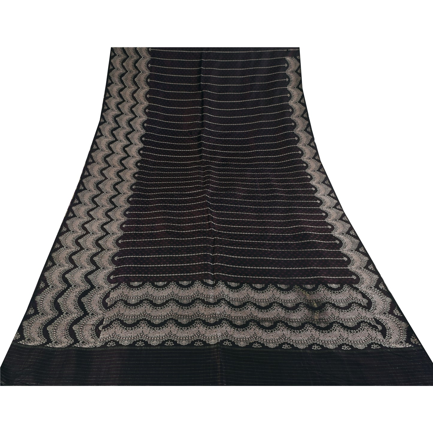 Sanskriti Vintage Black Wine Shimmer Pure Satin Silk Brocade Saree Material fabric for Craft 5.4Yards