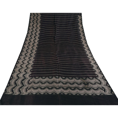 Sanskriti Vintage Black Wine Shimmer Pure Satin Silk Brocade Saree Material fabric for Craft 5.4Yards