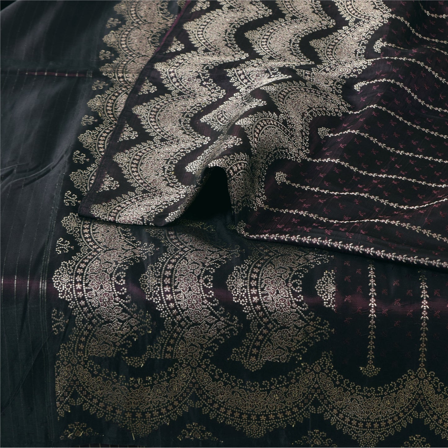 Sanskriti Vintage Black Wine Shimmer Pure Satin Silk Brocade Saree Material fabric for Craft 5.4Yards