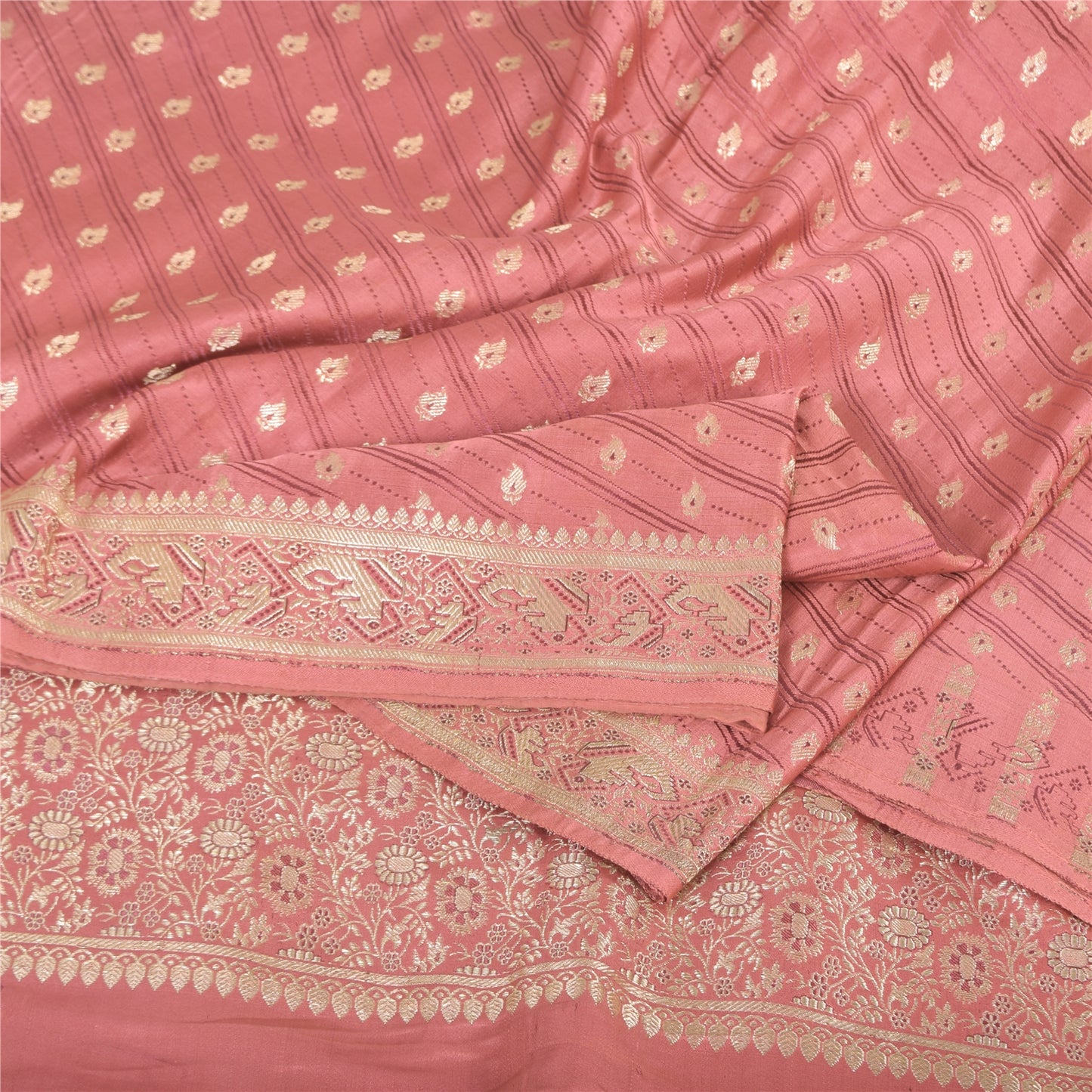 Sanskriti Vintage Pink Sarees 100% Pure Satin Silk Brocade Banarasi Zari HandWoven Sari 5yd
