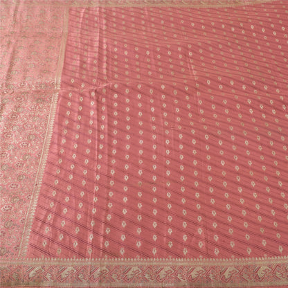 Sanskriti Vintage Pink Sarees 100% Pure Satin Silk Brocade Banarasi Zari HandWoven Sari 5yd