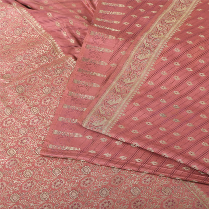 Sanskriti Vintage Pink Sarees 100% Pure Satin Silk Brocade Banarasi Zari HandWoven Sari 5yd