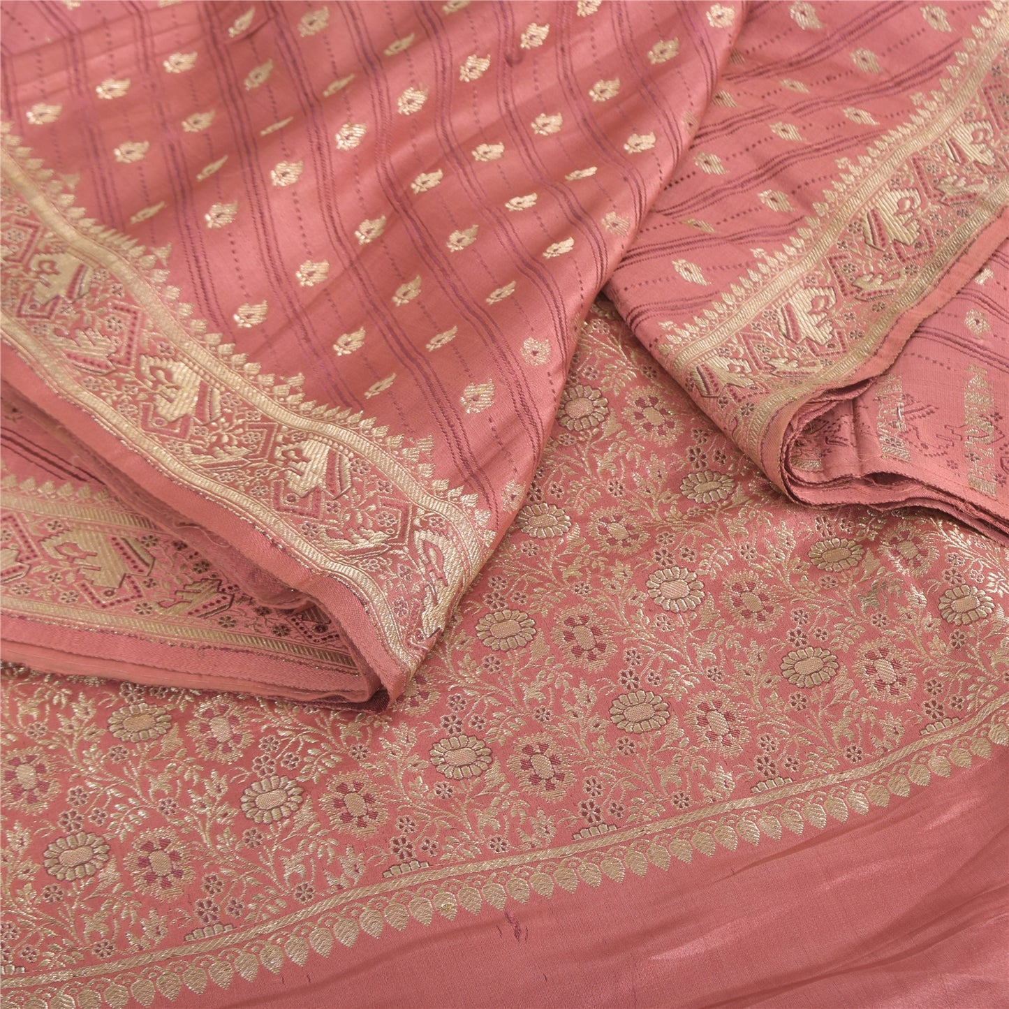 Sanskriti Vintage Pink Sarees 100% Pure Satin Silk Brocade Banarasi Zari HandWoven Sari 5yd