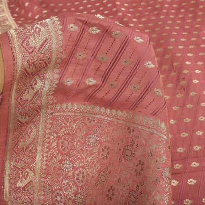 Sanskriti Vintage Pink Sarees 100% Pure Satin Silk Brocade Banarasi Zari HandWoven Sari 5yd