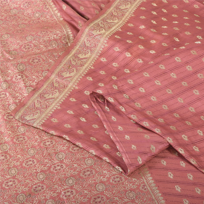 Sanskriti Vintage Pink Sarees 100% Pure Satin Silk Brocade Banarasi Zari HandWoven Sari 5yd