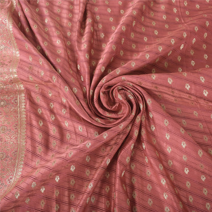 Sanskriti Vintage Pink Sarees 100% Pure Satin Silk Brocade Banarasi Zari HandWoven Sari 5yd