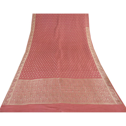 Sanskriti Vintage Pink Sarees 100% Pure Satin Silk Brocade Banarasi Zari HandWoven Sari 5yd