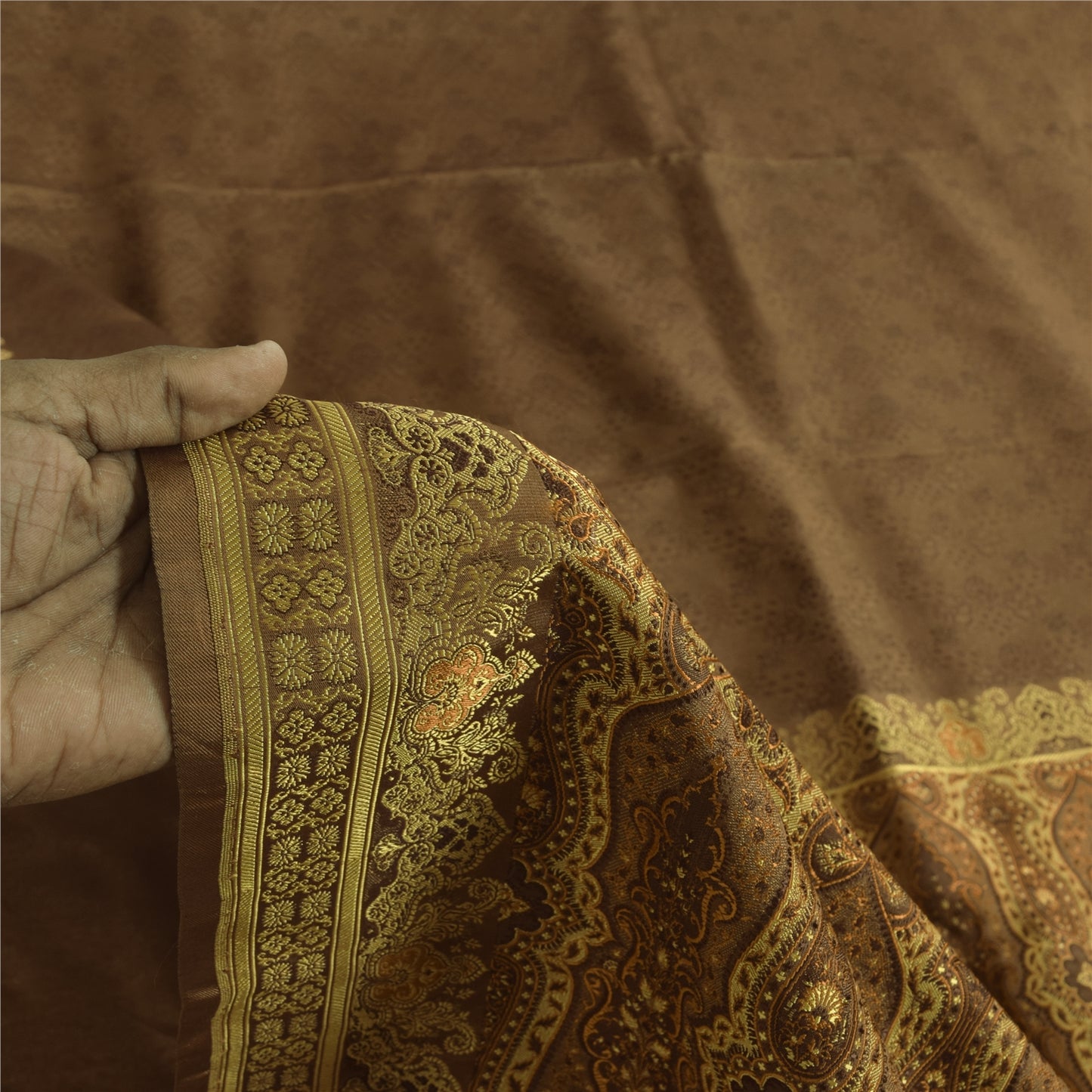 Sanskriti Vintage Brown Sarees Pure Silk Brocade/Banarasi Woven Sari 5yd Sustainable Fabric