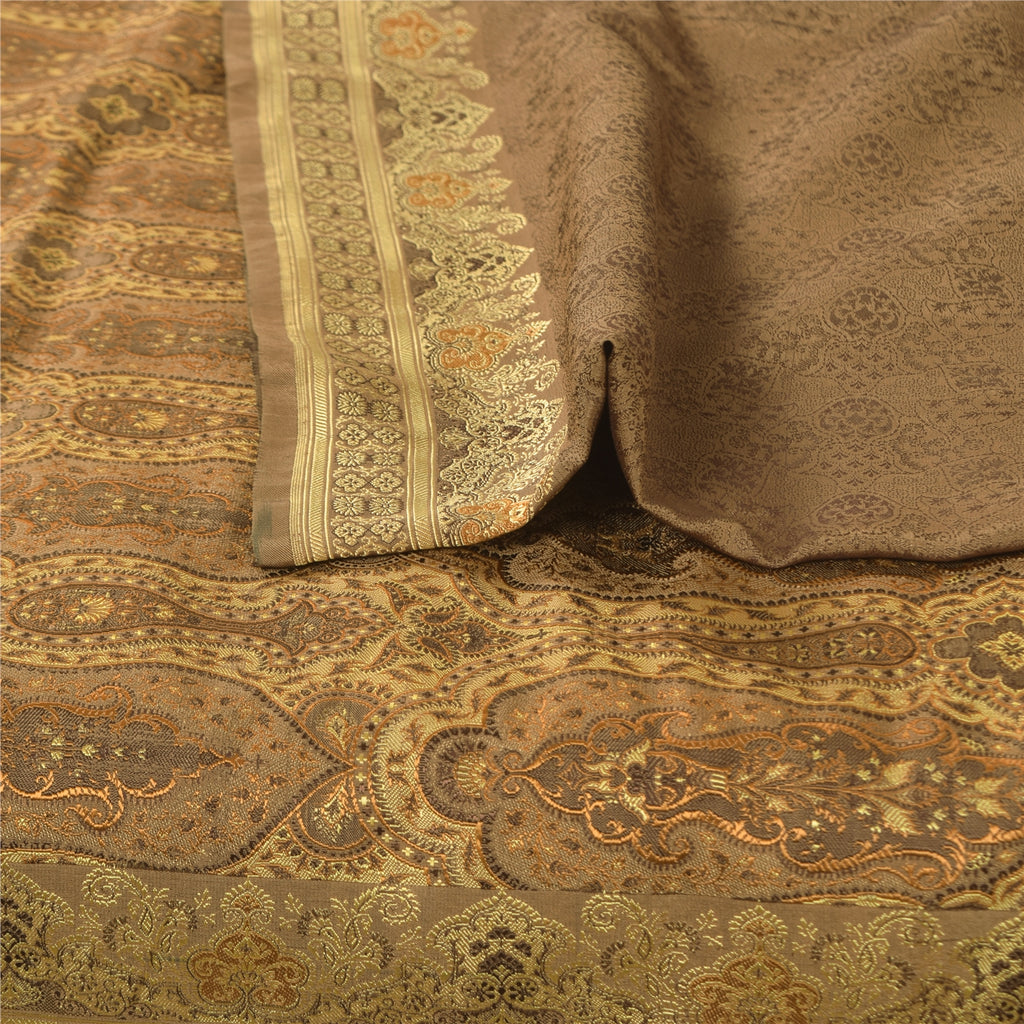 Sanskriti Vintage Brown Sarees Pure Silk Brocade/Banarasi Woven Sari 5yd Sustainable Fabric