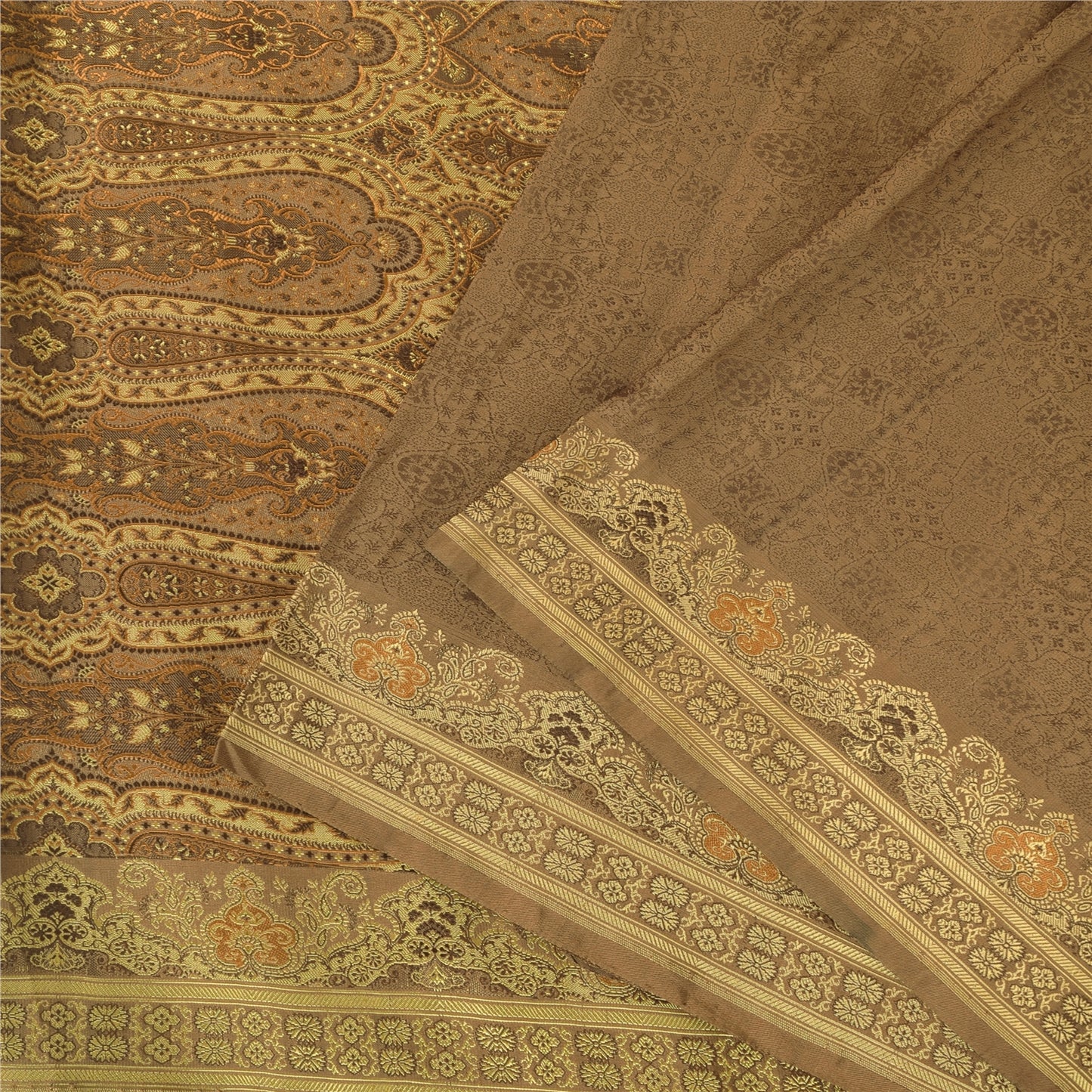 Sanskriti Vintage Brown Sarees Pure Silk Brocade/Banarasi Woven Sari 5yd Sustainable Fabric
