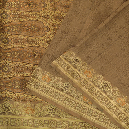 Sanskriti Vintage Brown Sarees Pure Silk Brocade/Banarasi Woven Sari 5yd Sustainable Fabric