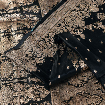 Sanskriti Vintage Black Sarees Pure Satin Silk  Banarasi Brocade Zari Woven Sari Craft Sustainable Fabric