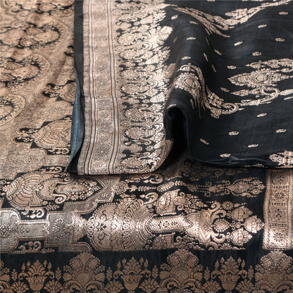 Sanskriti Vintage Black Sarees Pure Satin Silk  Banarasi Brocade Zari Woven Sari Craft Sustainable Fabric