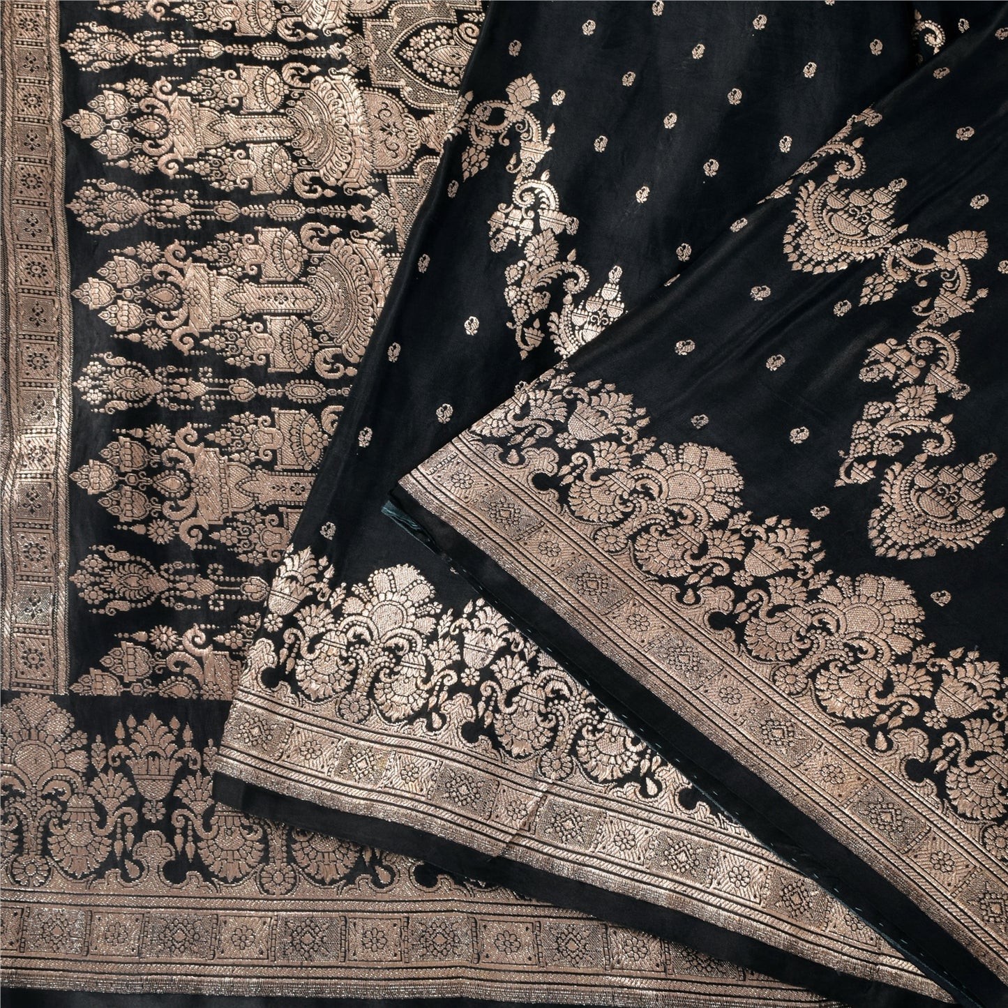 Sanskriti Vintage Black Sarees Pure Satin Silk  Banarasi Brocade Zari Woven Sari Craft Sustainable Fabric