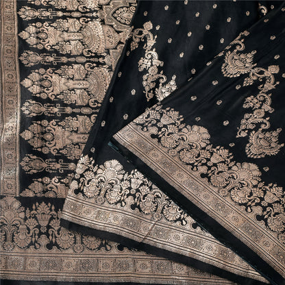 Sanskriti Vintage Black Sarees Pure Satin Silk  Banarasi Brocade Zari Woven Sari Craft Sustainable Fabric