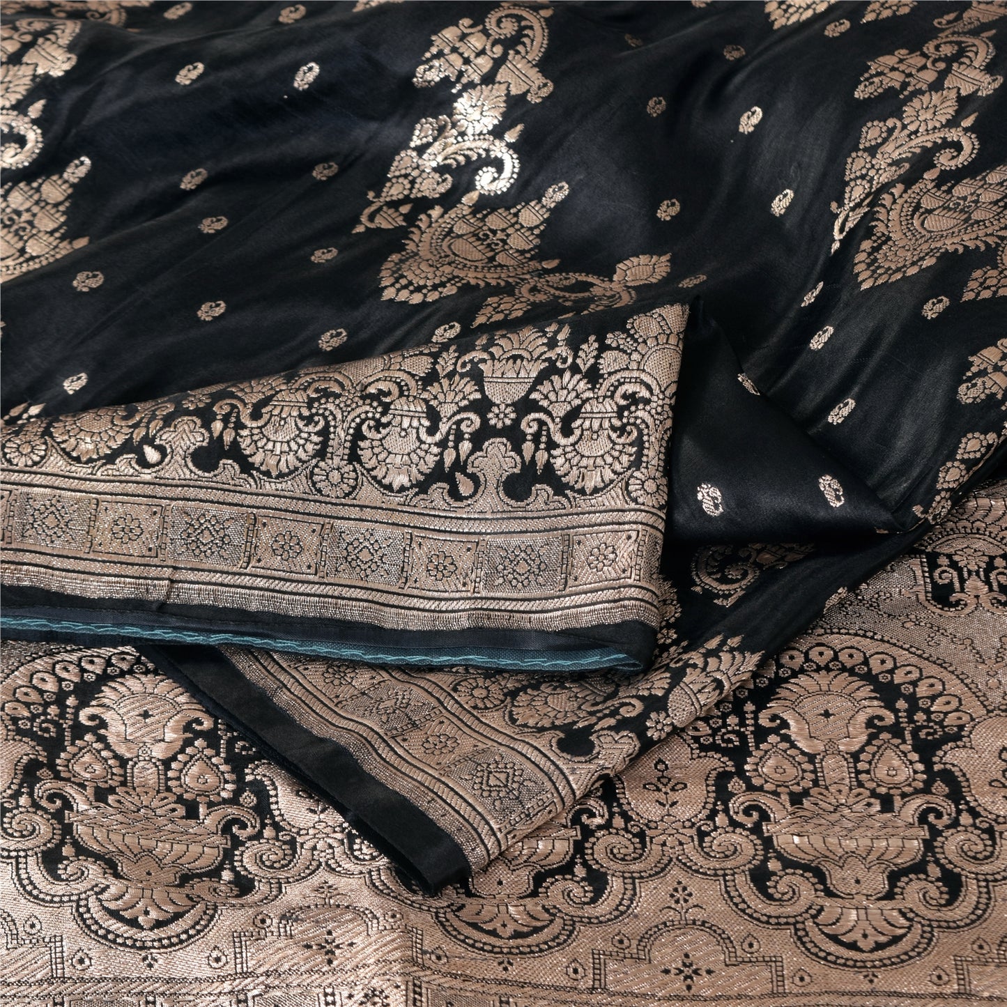Sanskriti Vintage Black Sarees Pure Satin Silk  Banarasi Brocade Zari Woven Sari Craft Sustainable Fabric