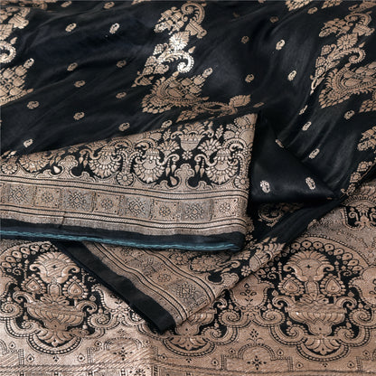 Sanskriti Vintage Black Sarees Pure Satin Silk  Banarasi Brocade Zari Woven Sari Craft Sustainable Fabric