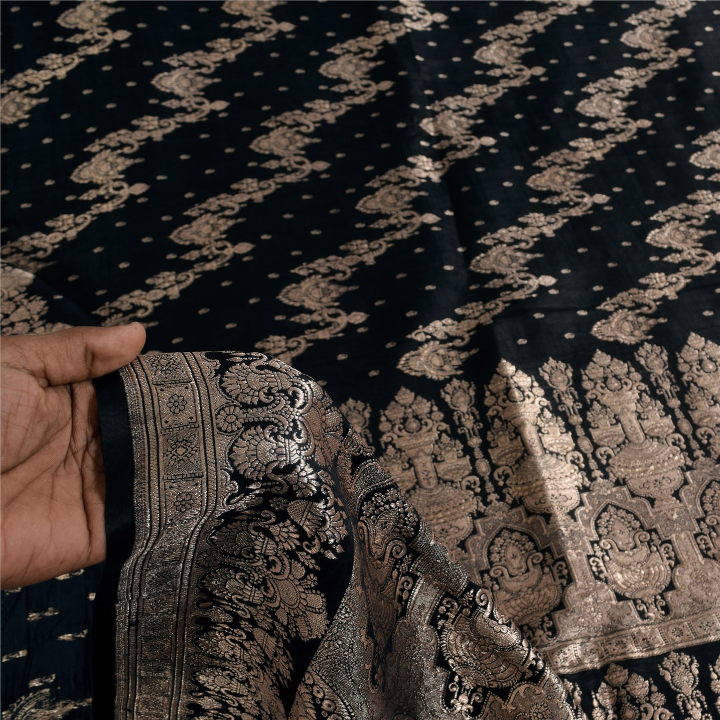 Sanskriti Vintage Black Sarees Pure Satin Silk  Banarasi Brocade Zari Woven Sari Craft Sustainable Fabric