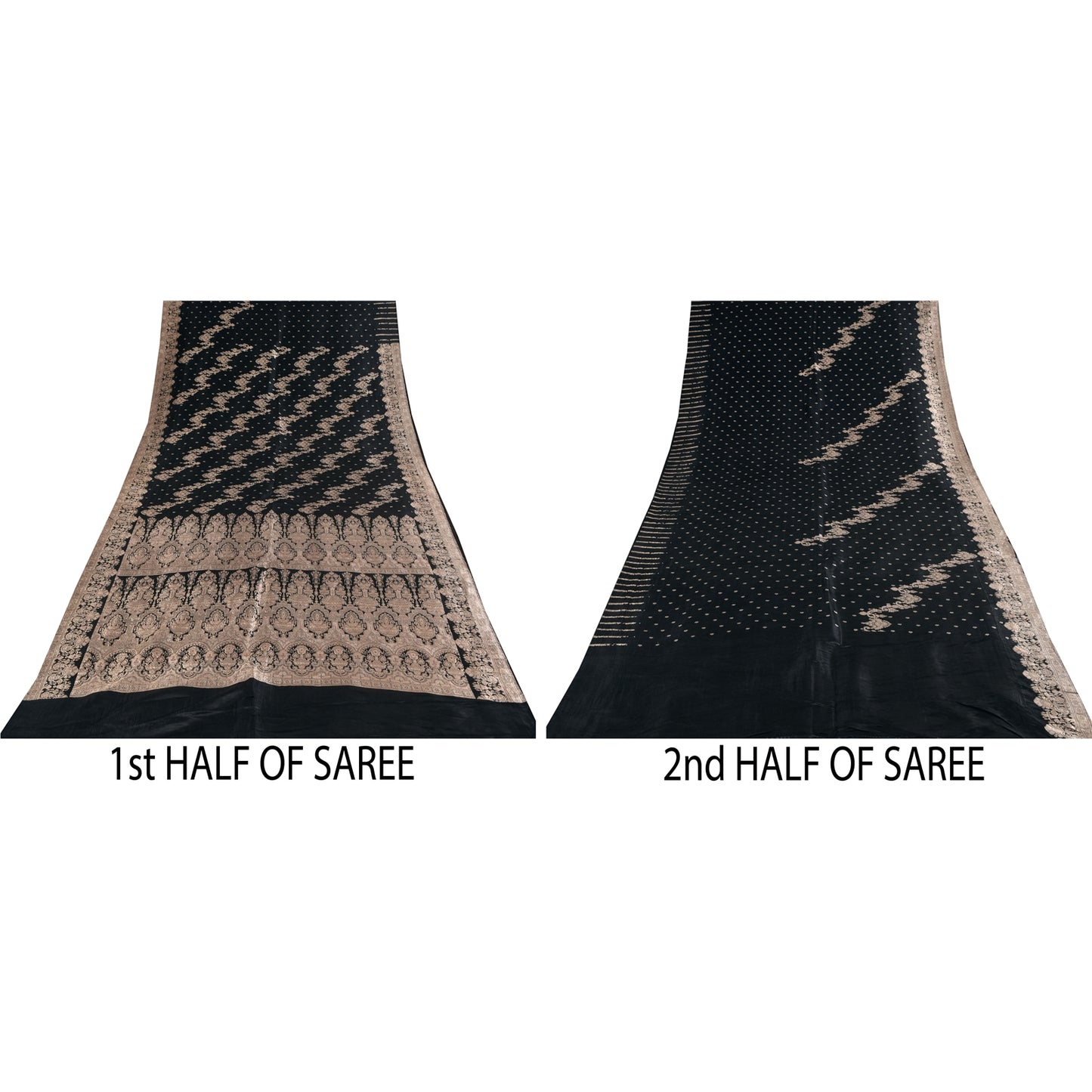 Sanskriti Vintage Black Sarees Pure Satin Silk  Banarasi Brocade Zari Woven Sari Craft Sustainable Fabric