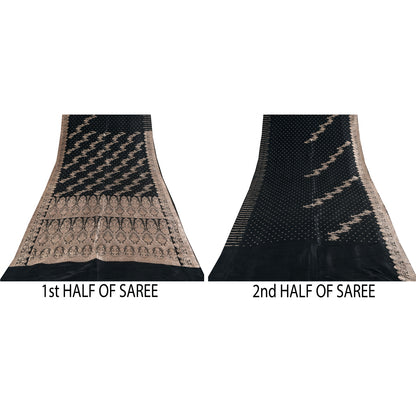 Sanskriti Vintage Black Sarees Pure Satin Silk  Banarasi Brocade Zari Woven Sari Craft Sustainable Fabric