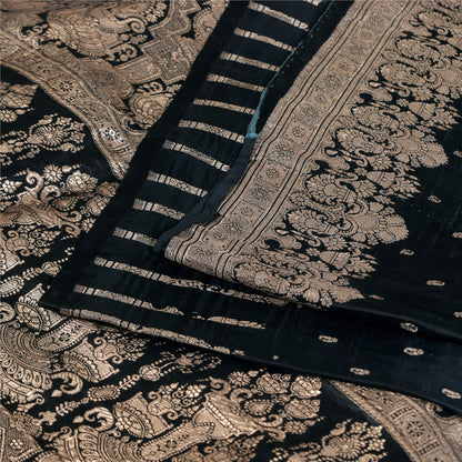 Sanskriti Vintage Black Sarees Pure Satin Silk  Banarasi Brocade Zari Woven Sari Craft Sustainable Fabric