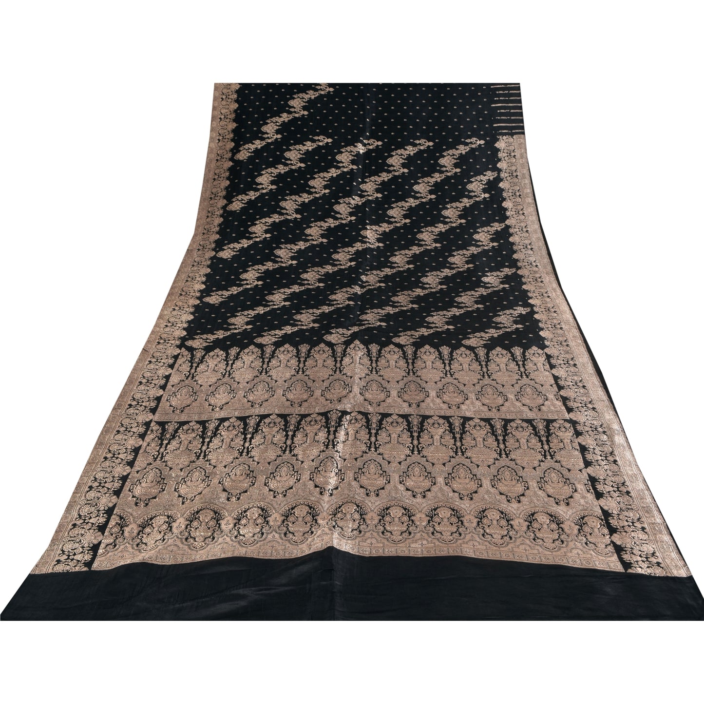 Sanskriti Vintage Black Sarees Pure Satin Silk  Banarasi Brocade Zari Woven Sari Craft Sustainable Fabric