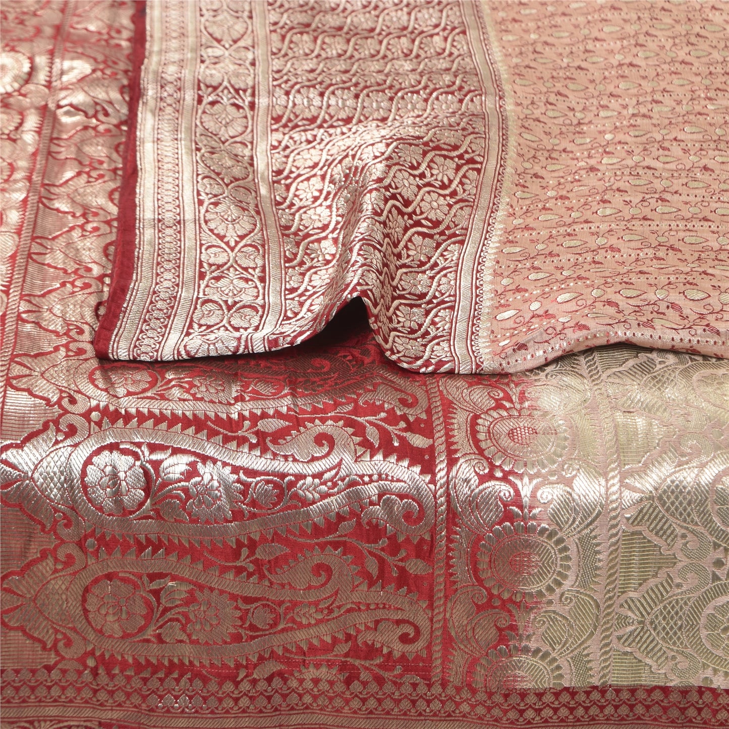 Sanskriti Vintage Red Sarees Pure Silk Brocade/Banarasi Woven Sari Craft Fabric