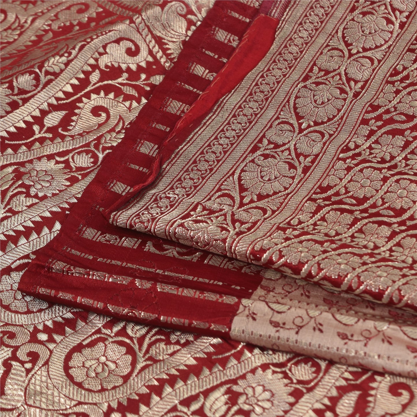 Sanskriti Vintage Red Sarees Pure Silk Brocade/Banarasi Woven Sari Craft Fabric