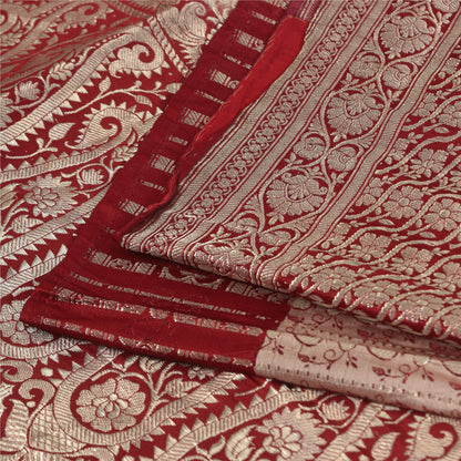 Sanskriti Vintage Red Sarees Pure Silk Brocade/Banarasi Woven Sari Craft Fabric
