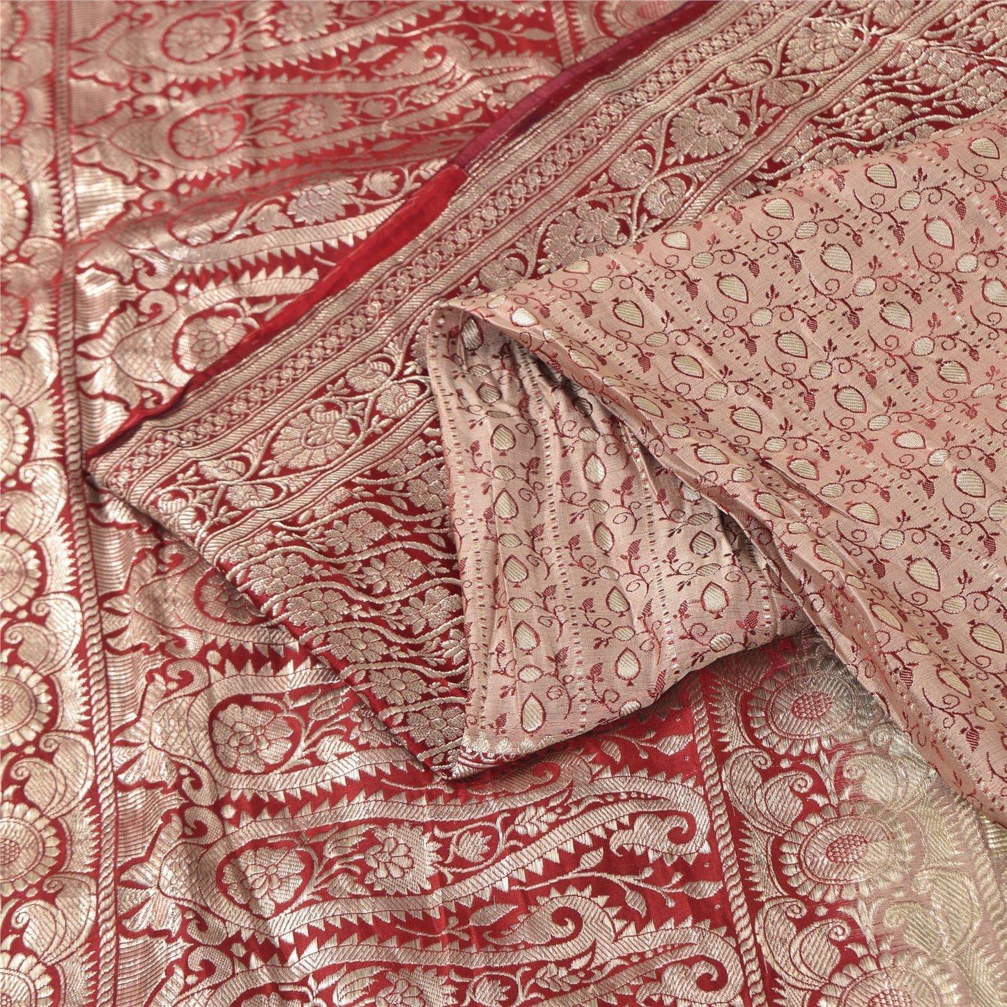 Sanskriti Vintage Red Sarees Pure Silk Brocade/Banarasi Woven Sari Craft Fabric