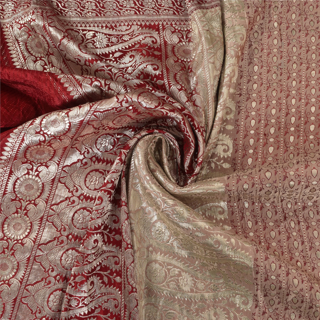 Sanskriti Vintage Red Sarees Pure Silk Brocade/Banarasi Woven Sari Craft Fabric