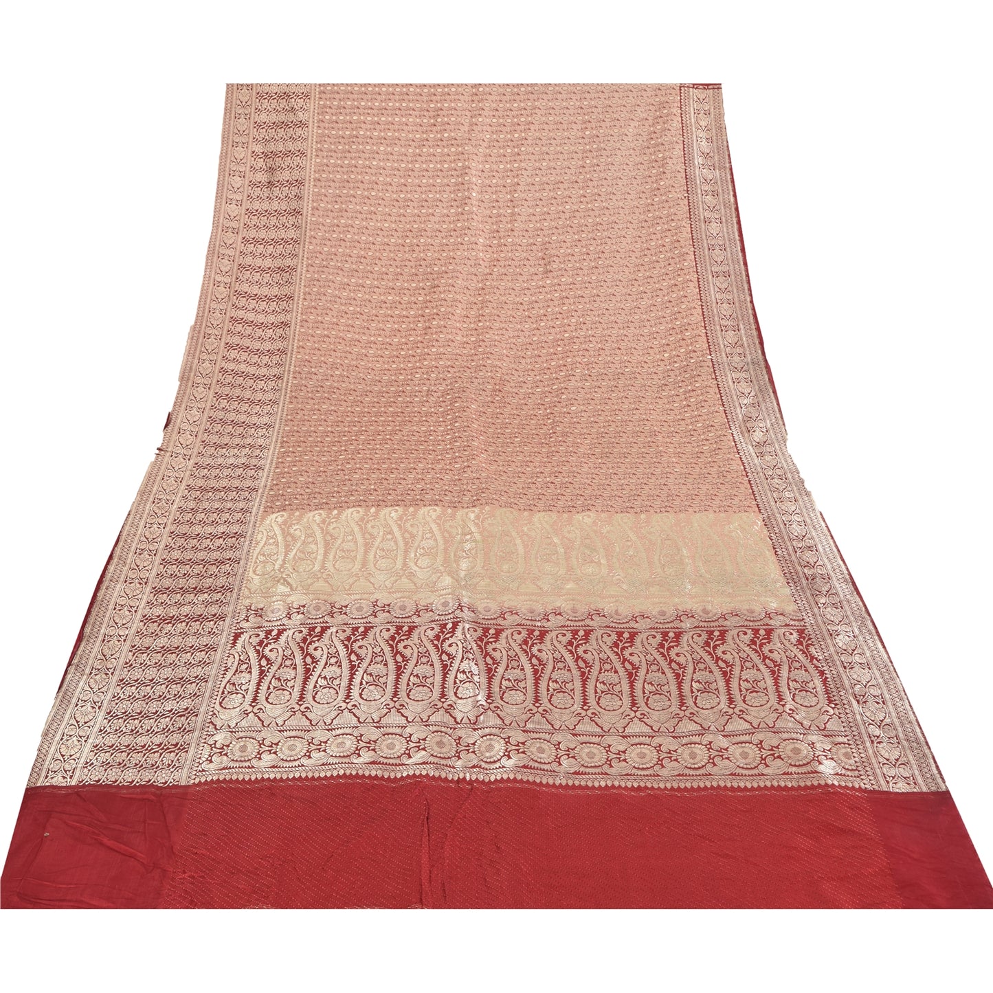 Sanskriti Vintage Red Sarees Pure Silk Brocade/Banarasi Woven Sari Craft Fabric