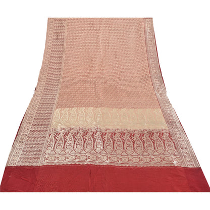 Sanskriti Vintage Red Sarees Pure Silk Brocade/Banarasi Woven Sari Craft Fabric