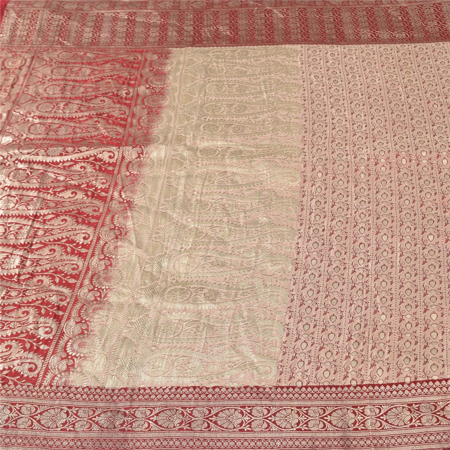 Sanskriti Vintage Red Sarees Pure Silk Brocade/Banarasi Woven Sari Craft Fabric