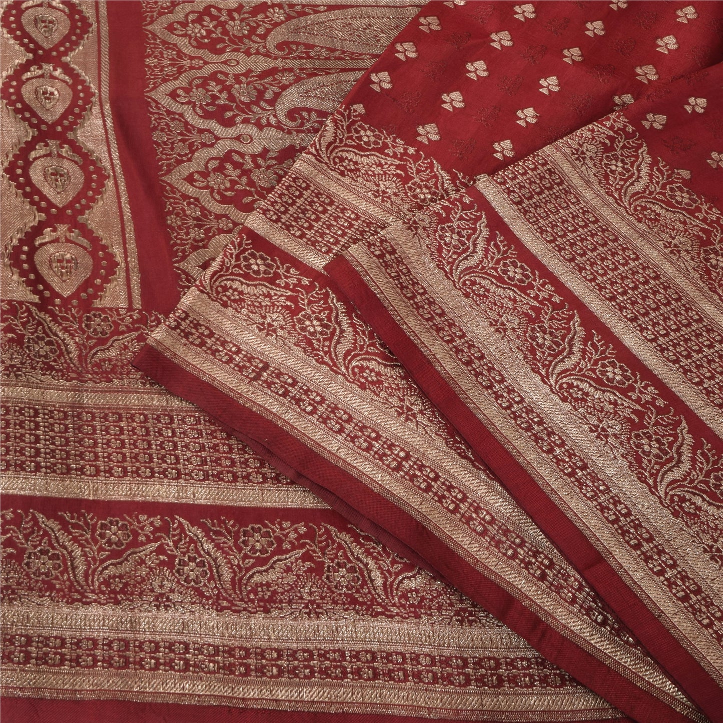 Sanskriti Vintage Red Saree Pure Silk Woven Brocade/Banarasi Craft Fabric Sari