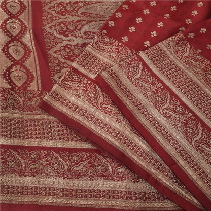 Sanskriti Vintage Red Saree Pure Silk Woven Brocade/Banarasi Craft Fabric Sari