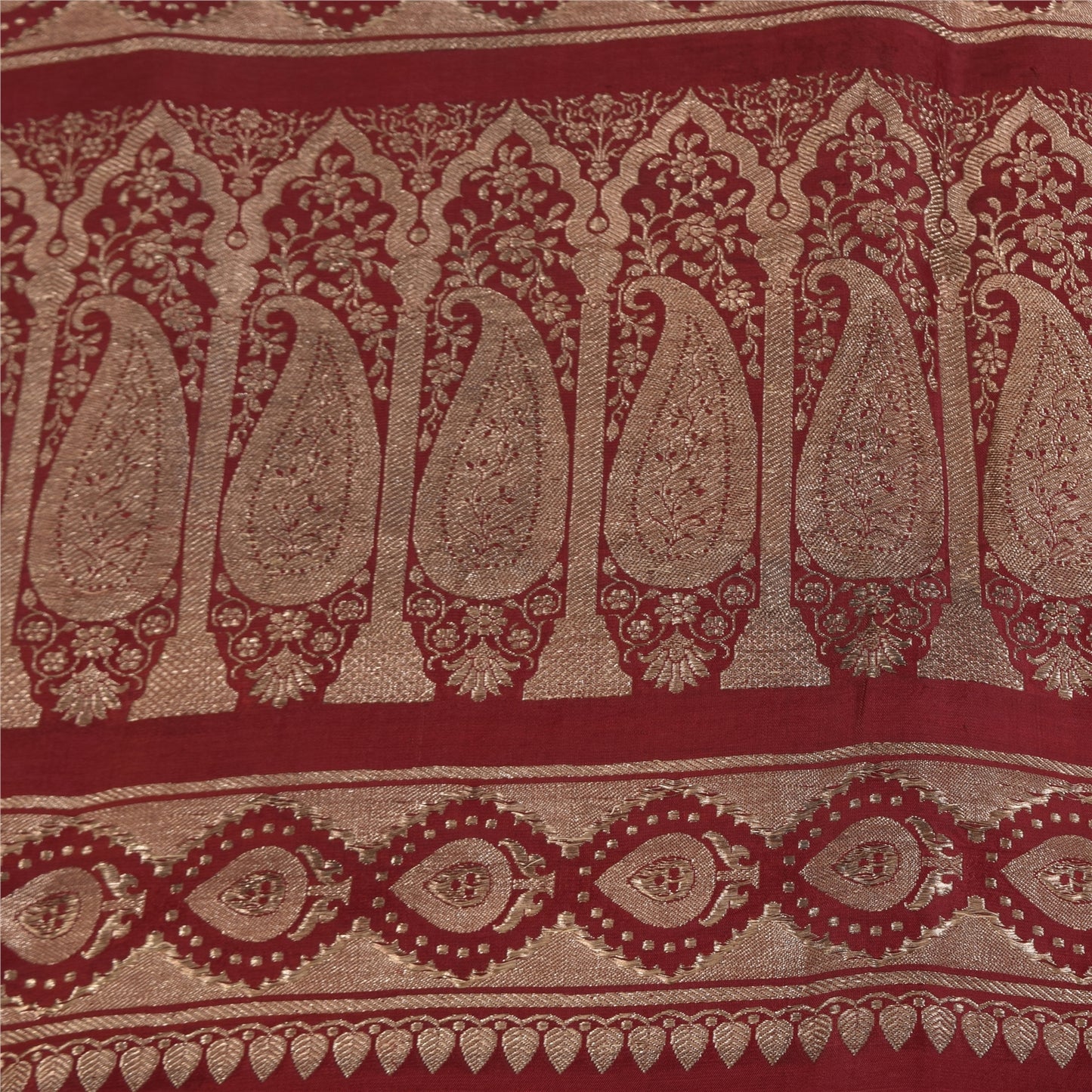 Sanskriti Vintage Red Saree Pure Silk Woven Brocade/Banarasi Craft Fabric Sari