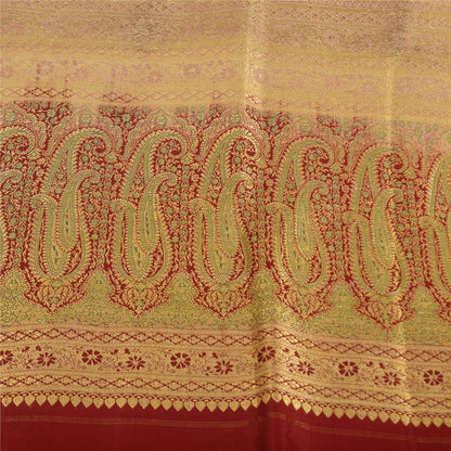 Sanskriti Vintage Cream Sarees Pure Satin Silk Brocade Banarasi Sari 6+yd Fabric