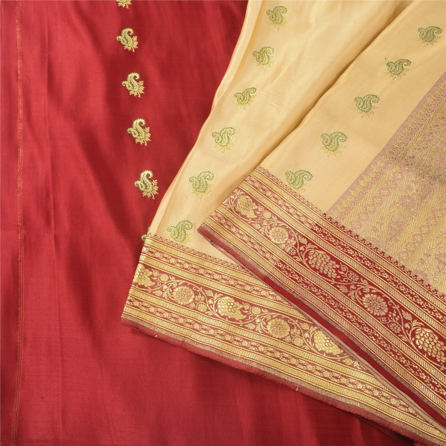 Sanskriti Vintage Cream Sarees Pure Satin Silk Brocade Banarasi Sari 6+yd Fabric