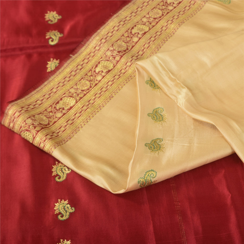 Sanskriti Vintage Cream Sarees Pure Satin Silk Brocade Banarasi Sari 6+yd Fabric