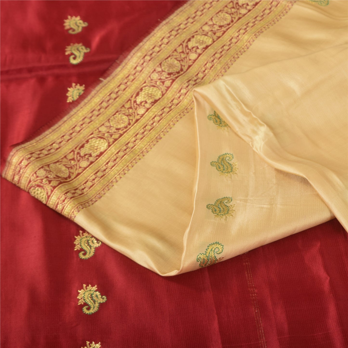 Sanskriti Vintage Cream Sarees Pure Satin Silk Brocade Banarasi Sari 6+yd Fabric