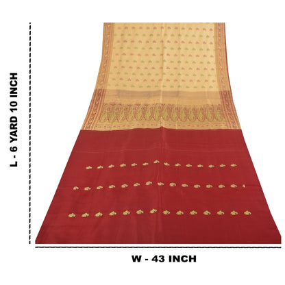 Sanskriti Vintage Cream Sarees Pure Satin Silk Brocade Banarasi Sari 6+yd Fabric