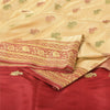 Sanskriti Vintage Cream Sarees Pure Satin Silk Brocade Banarasi Sari 6+yd Fabric